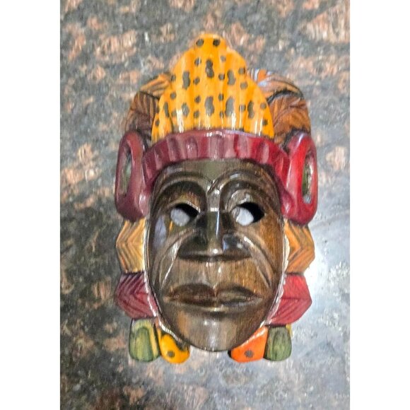 Mayan Vtg Mask Hand Carved Wood 5.75"x2.25" Painted Tribal Ceremonial Folk Art - Picture 6 of 10